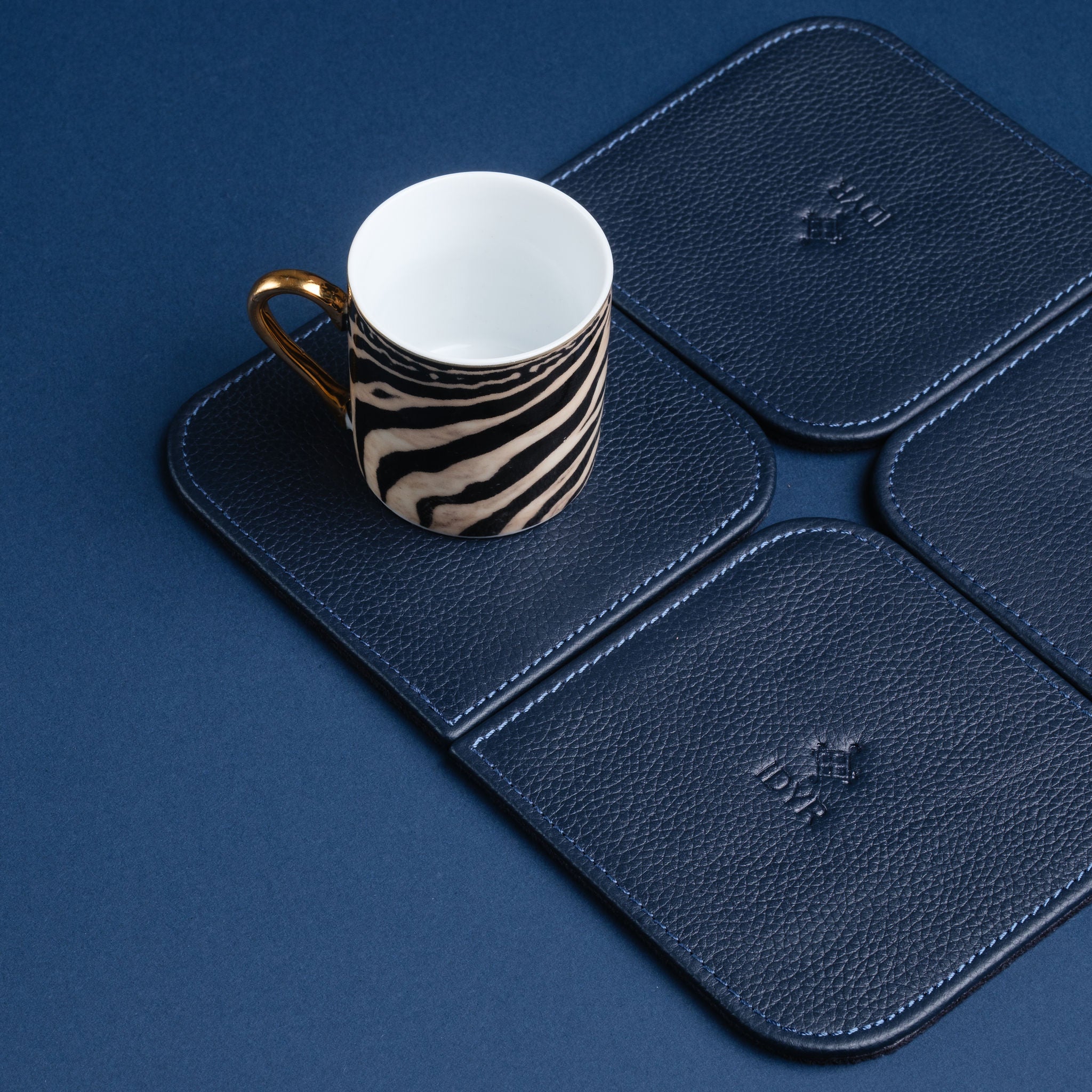 IDYR Afnjal Coaster Set in Blue | Handmade Luxury Moroccan Leather Coasters
