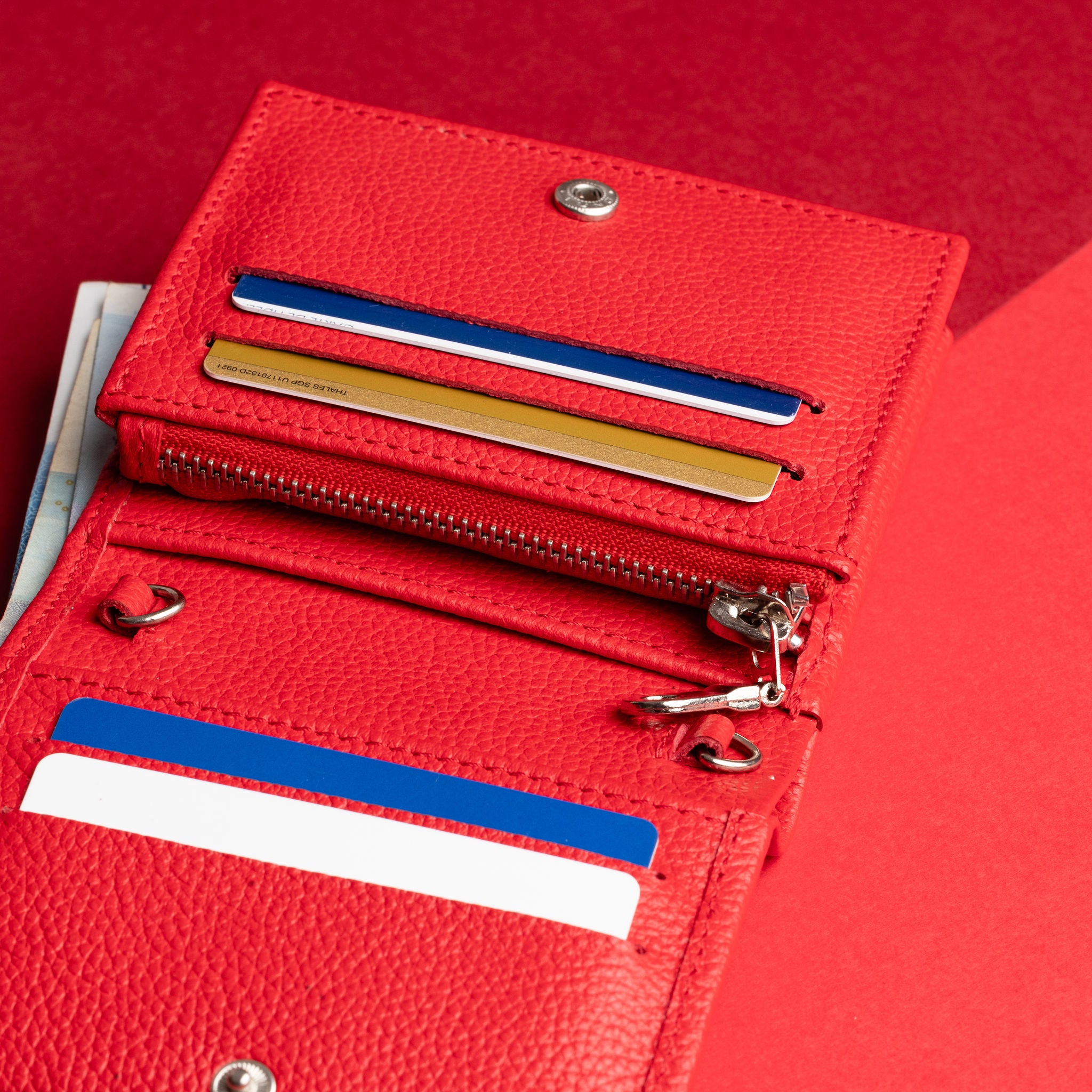 IDYR Afessas Wallet with Chain in Red  | Handmade Moroccan Leather & Boucherouite
