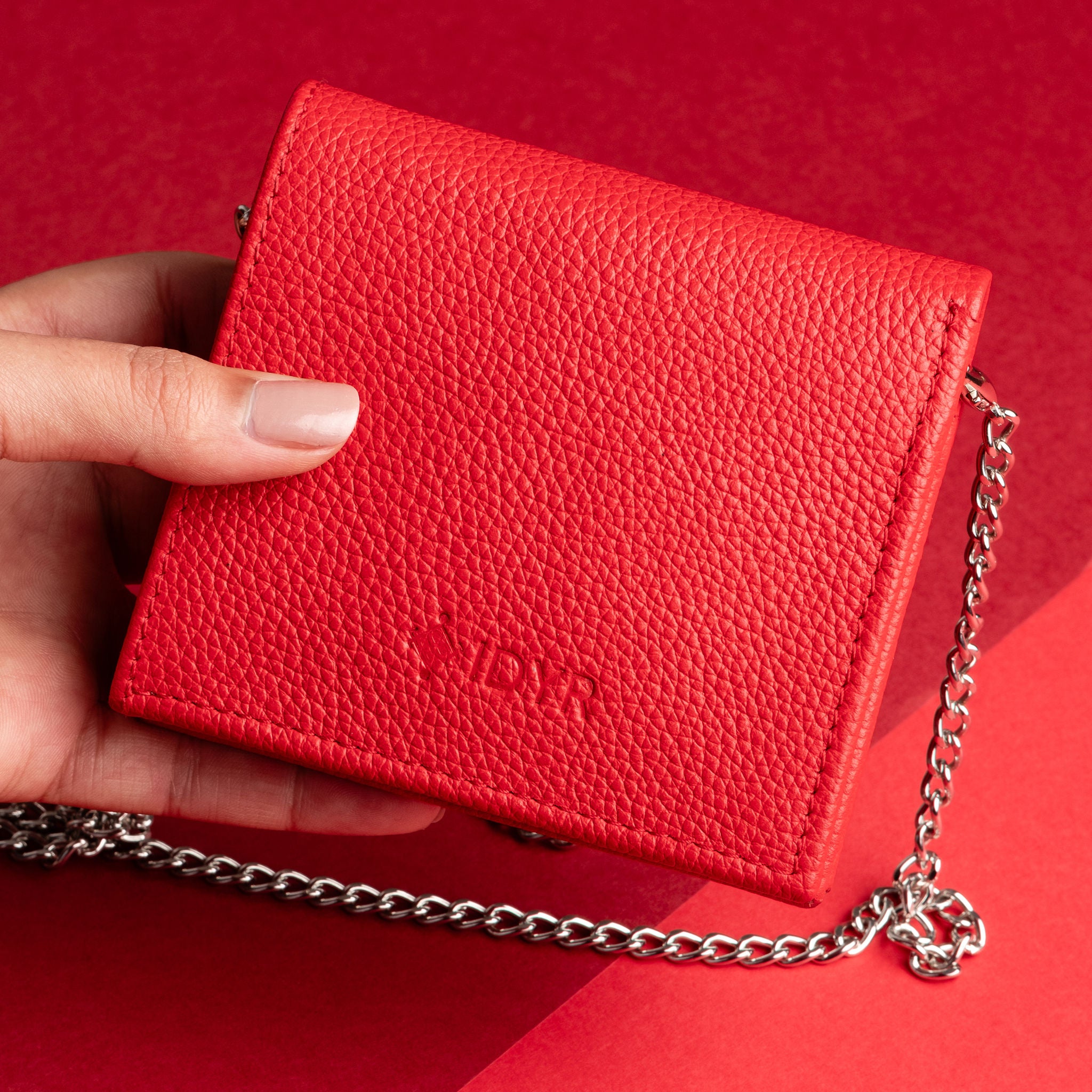 IDYR Afessas Wallet with Chain in Red  | Handmade Moroccan Leather & Boucherouite