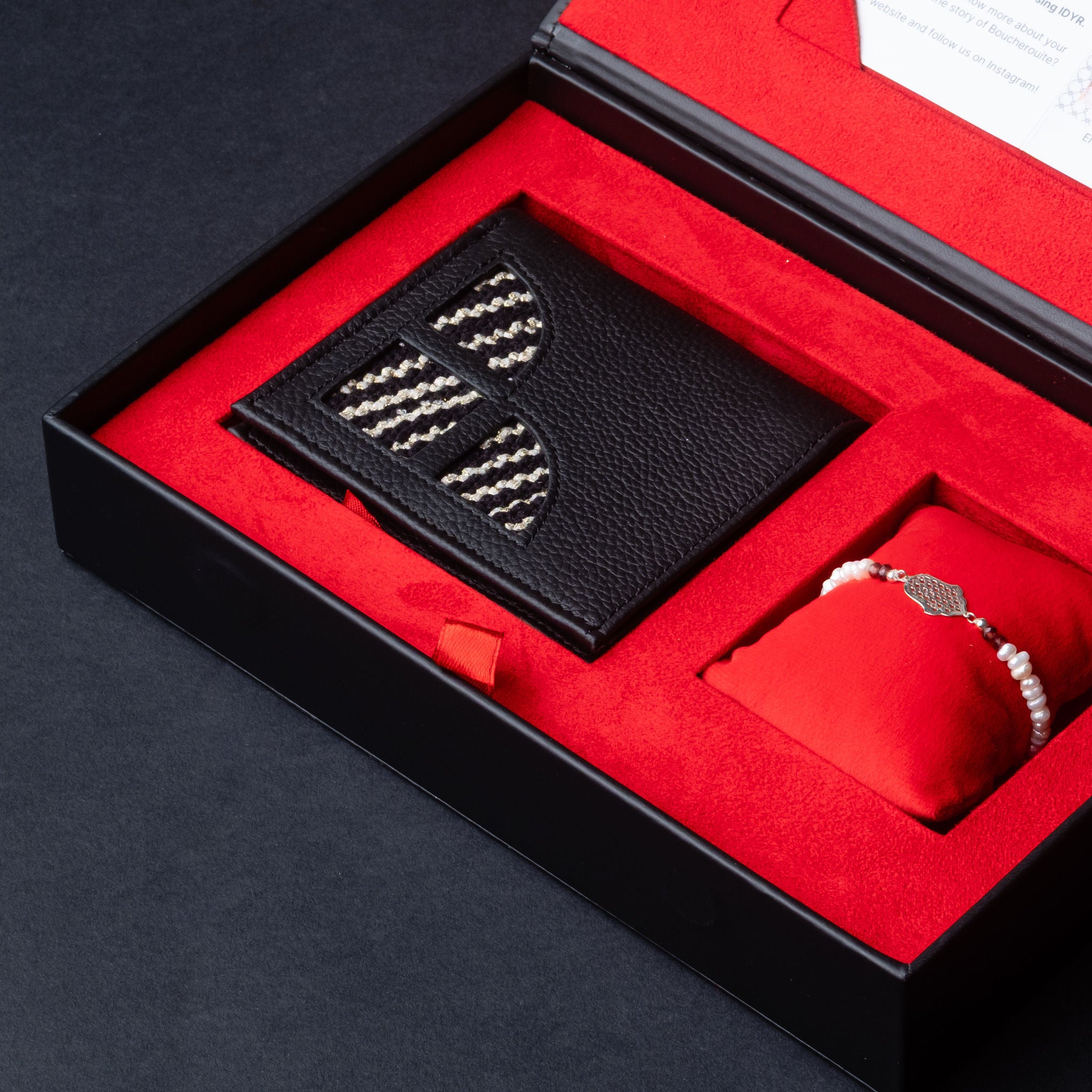 IDYR Khmissa Gift Set in Black | Handmade Moroccan Leather & Boucherouite