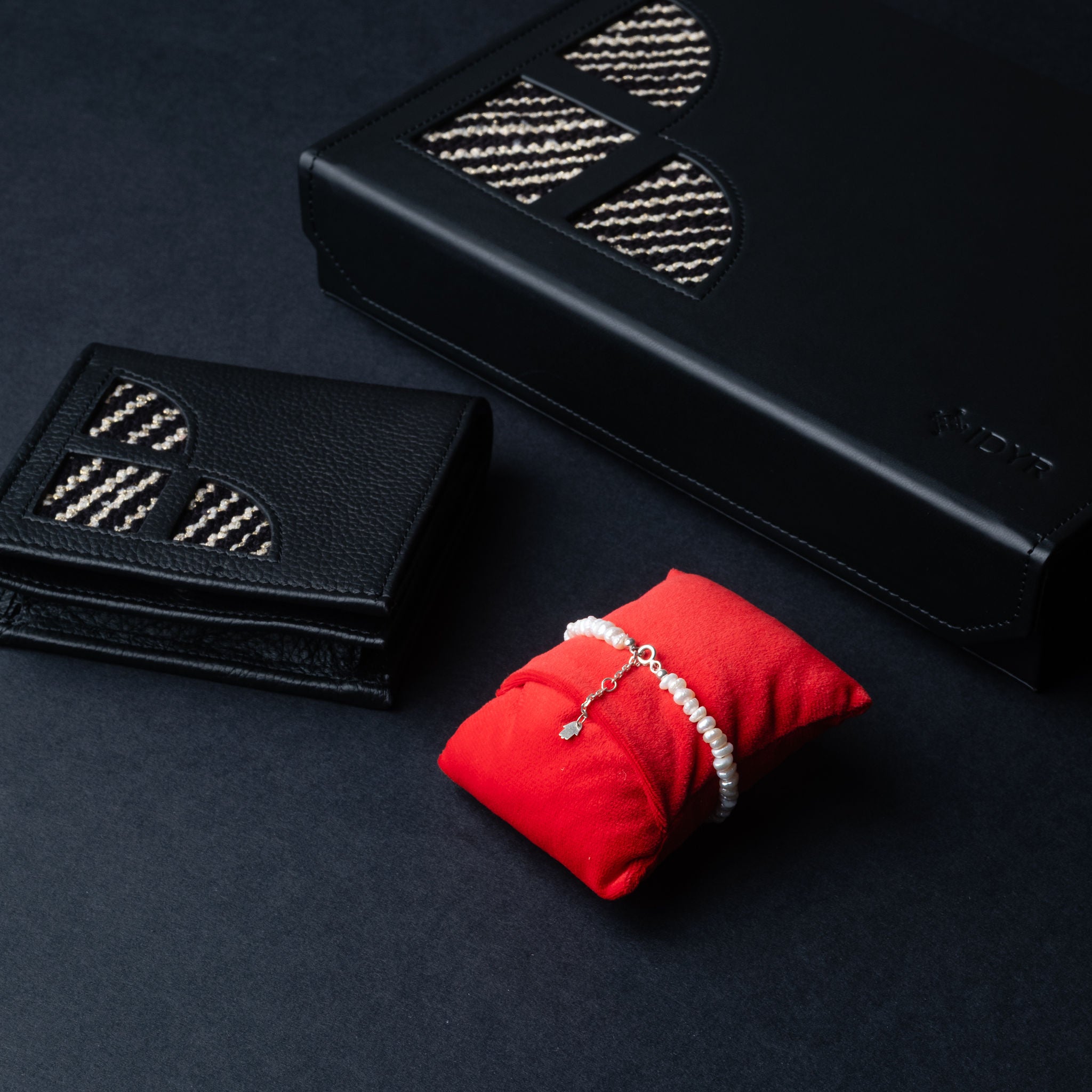IDYR Khmissa Gift Set in Black | Handmade Moroccan Leather & Boucherouite