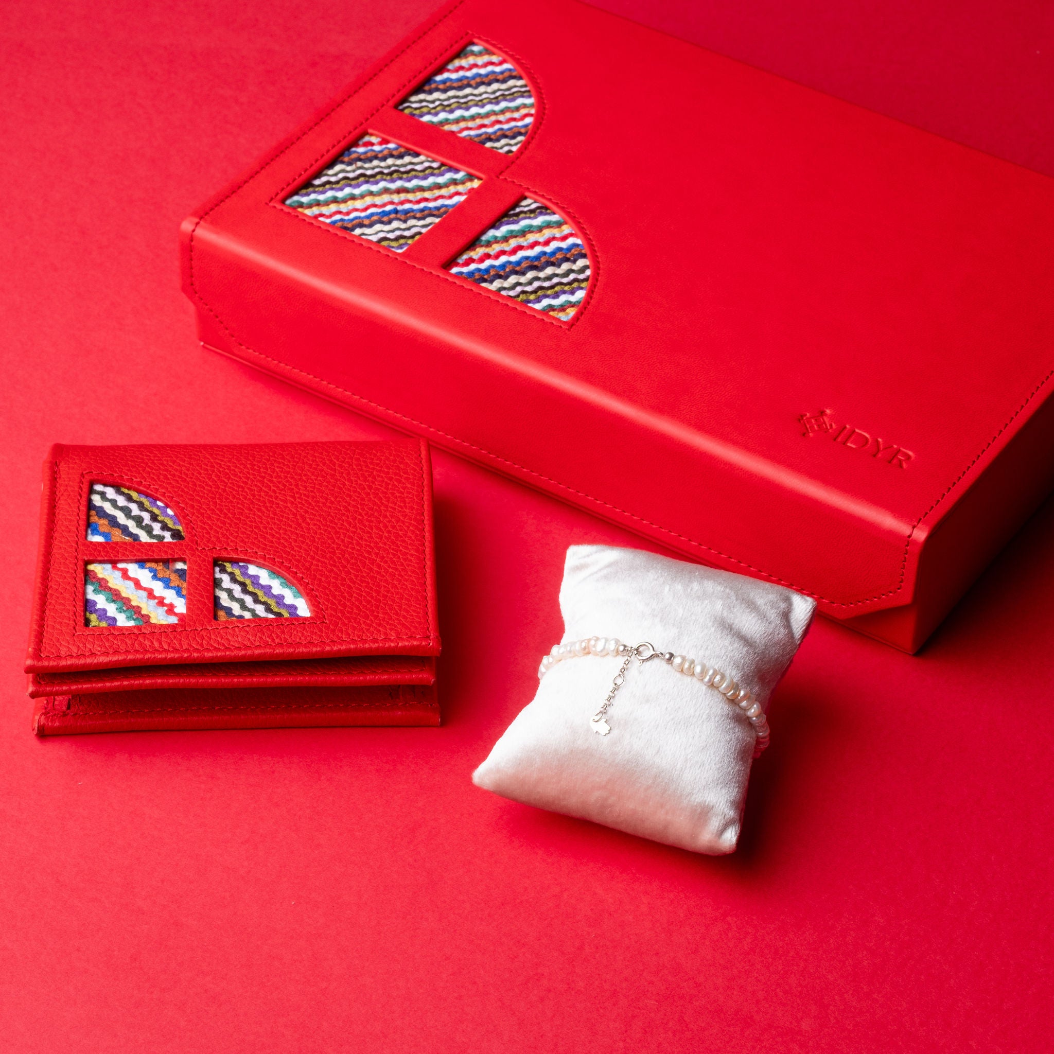 IDYR Khmissa Gift Set in Red | Handmade Moroccan Leather & Boucherouite