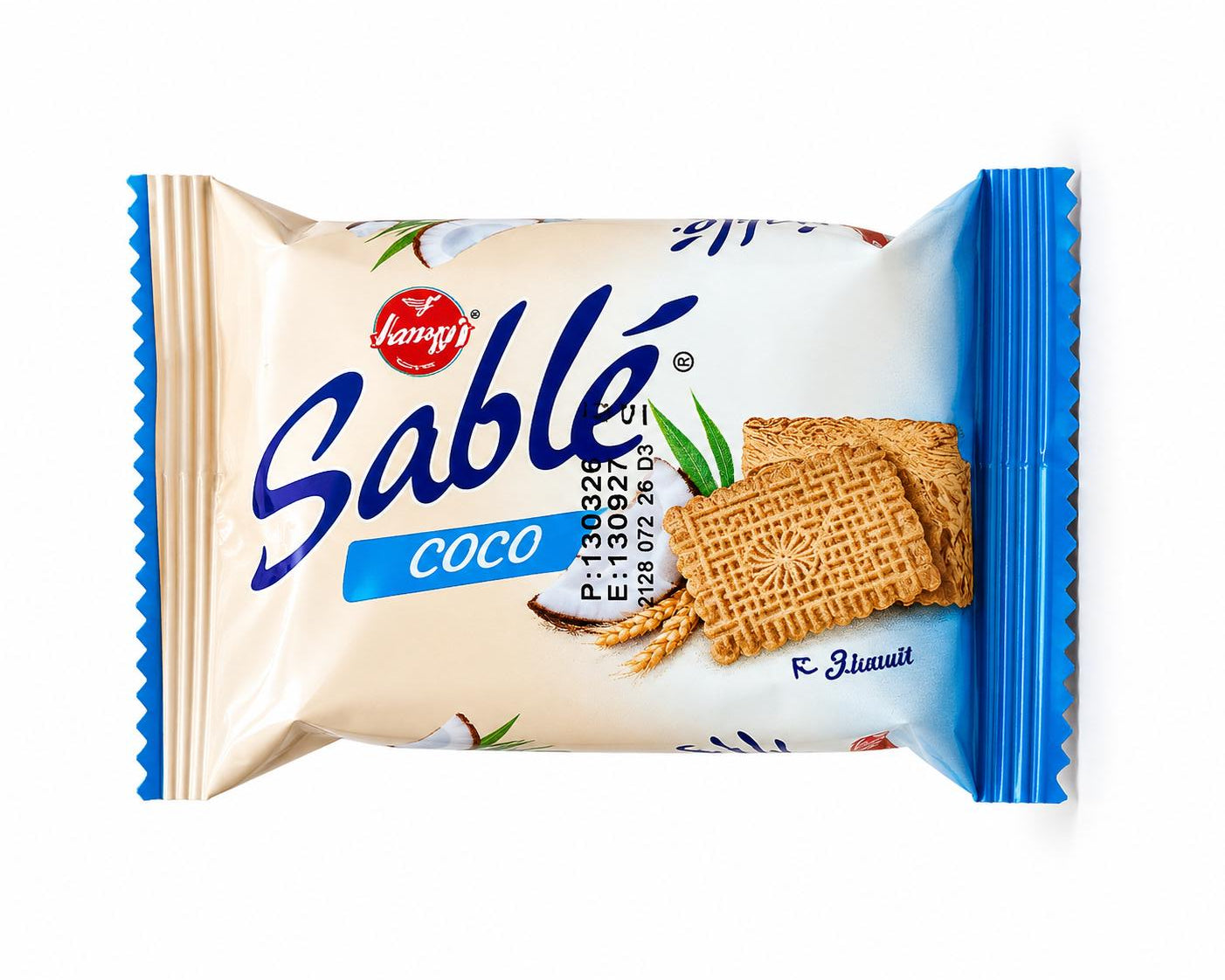 A package of Sablé Coco cookies by Sablé & Félida, featuring a cream-colored bag with blue branding, a blue bottom band, and an illustration of two chocolate-dusted square cookies.